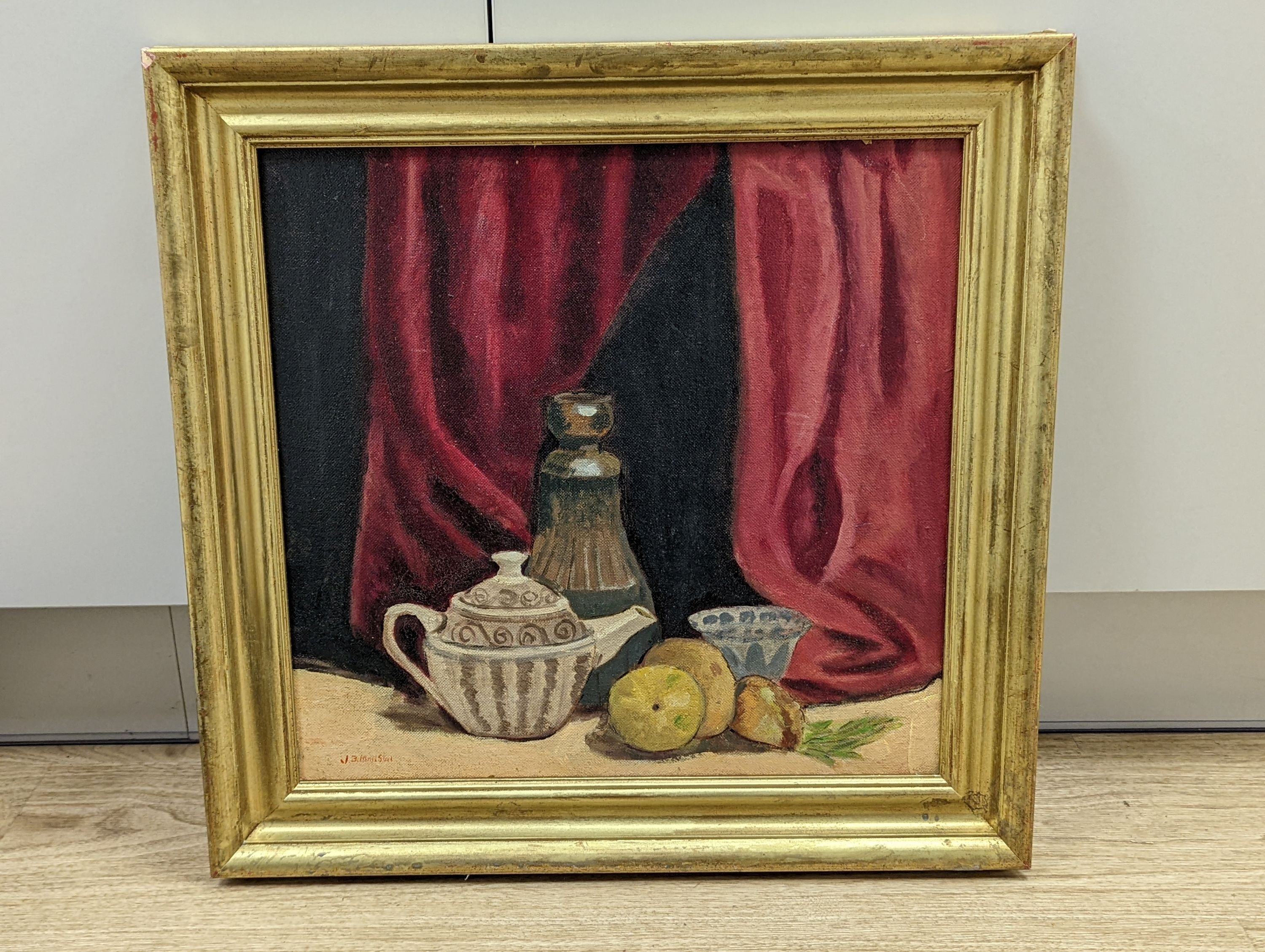 After J.B. Manson, oil on board, Still life of a teapot and fruit, 39 x 40cm